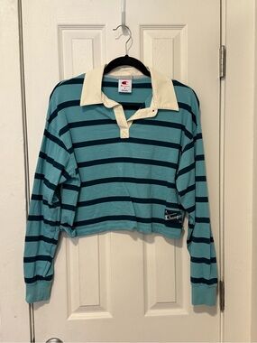 Champion Teal and Navy Striped Rugby Shirt with Cream Collar